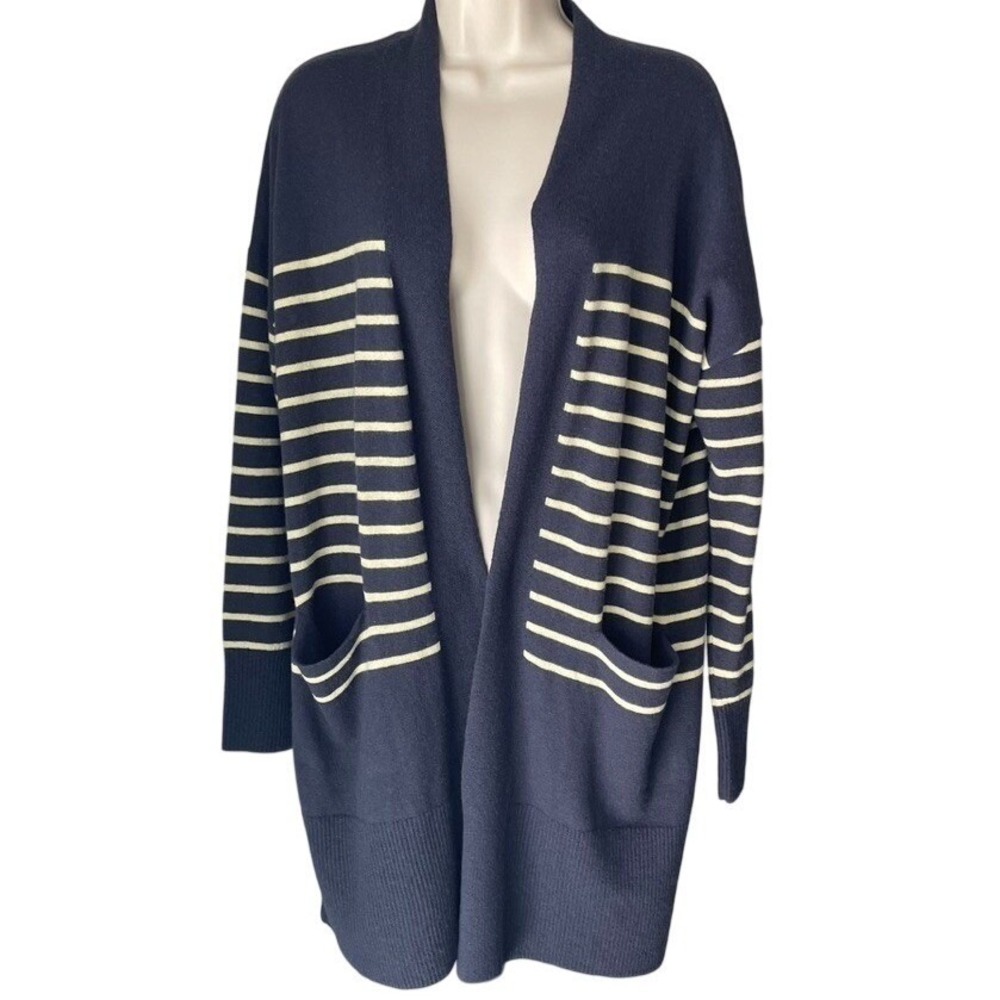 Garnet Hill XS Merino Wool Cotton Striped Longline Cardigan Blue Pockets